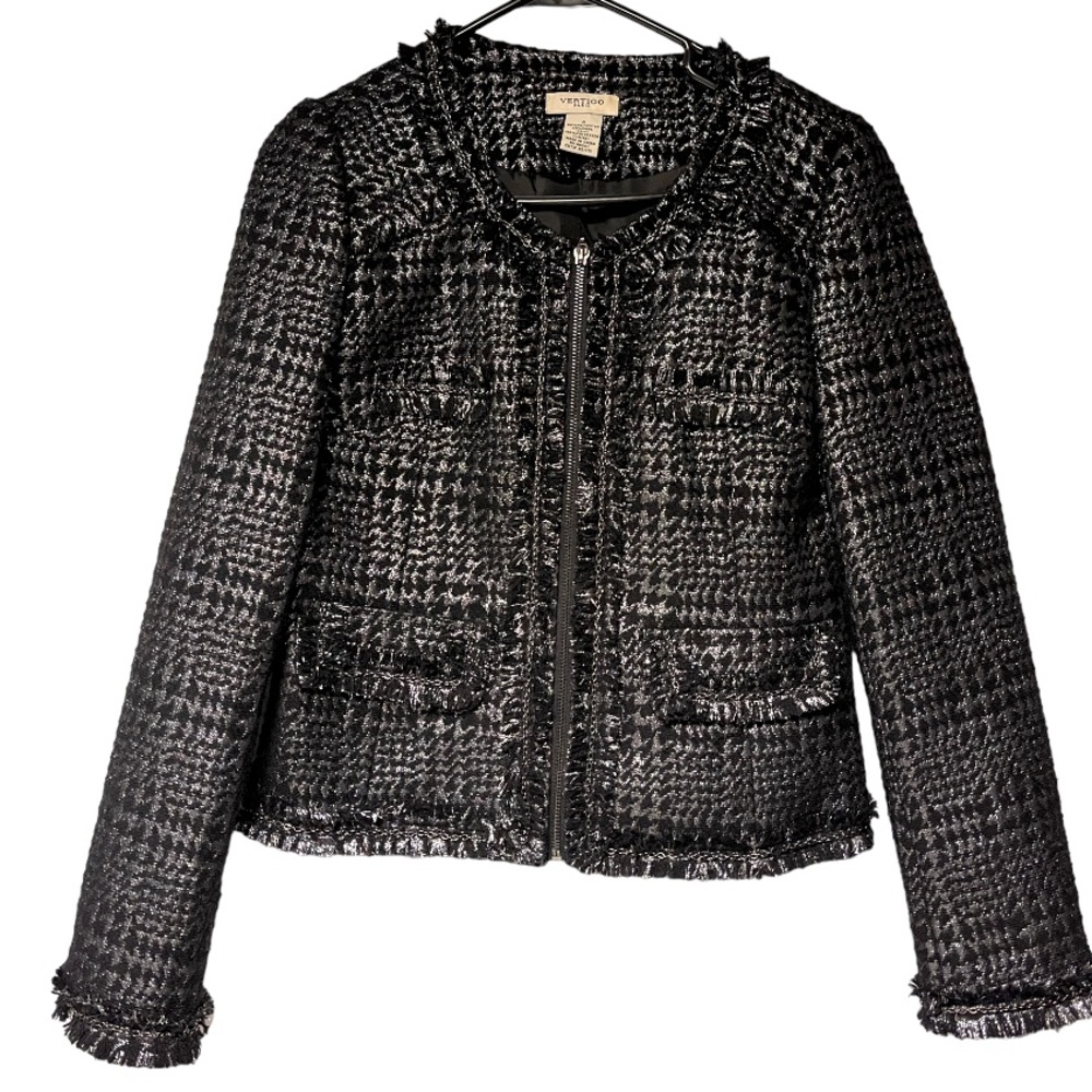 Vertigo Paris Black & Silver Metallic Fringe Trim Blazer Jacket S